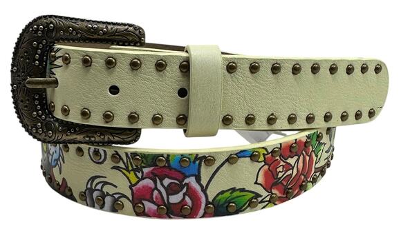 Ed Hardy Accessories - Ed Hardy Women's Rivet Studded Printed Cream Belt